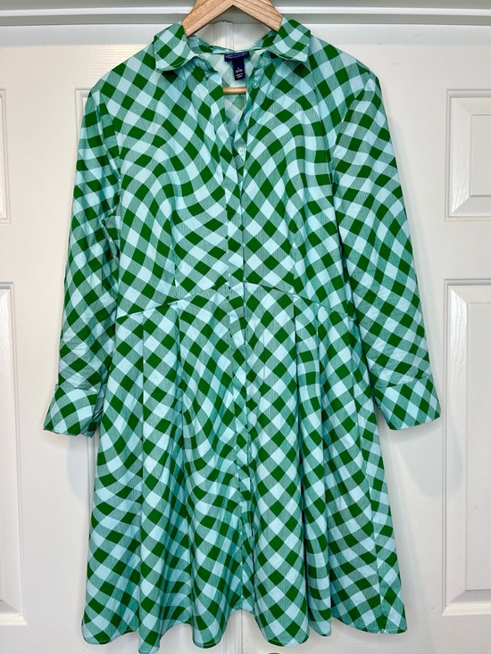 Scoop Dresses & Skirts - Scoop Green Wavy Gingham Shirt Dress Button Front Fit & Flare L | Preppy Summer